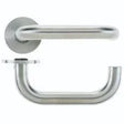 Stainless steel door handle with round rose, side and top views shown