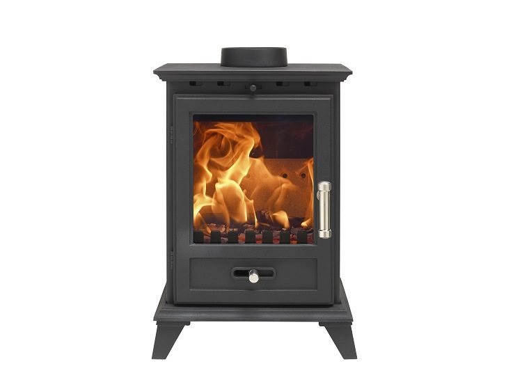 Classic 5 Eco stove installed with rear flue outlet in modern home