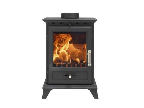 Classic 5 Eco stove installed with rear flue outlet in modern home