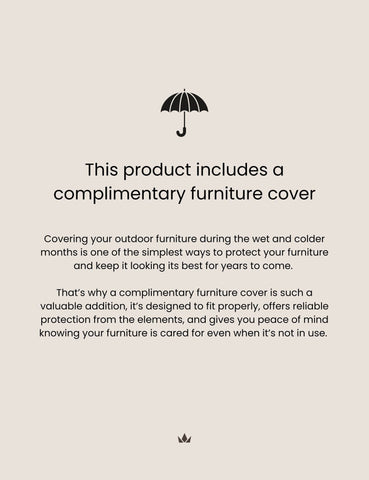 Image of Product description card with an umbrella icon and text about a complimentary furniture cover on a light gray background.