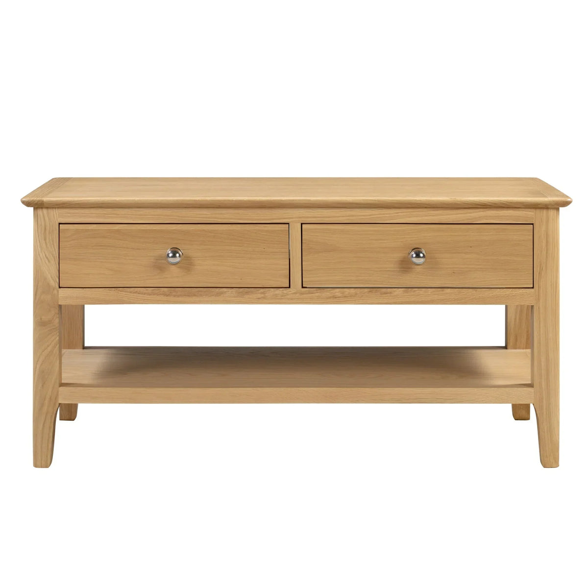 Oak coffee table with two front drawers and lower shelf, shown from the front