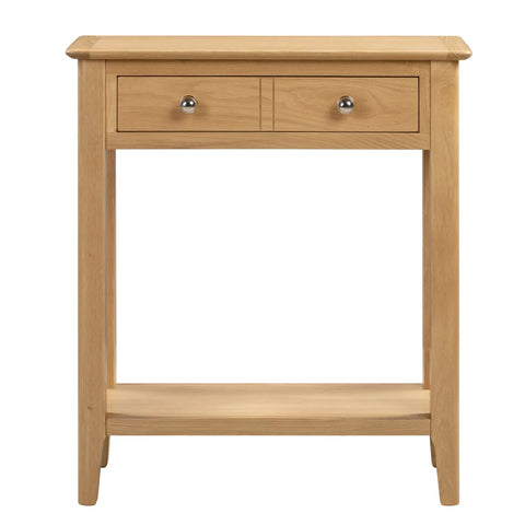Oak console table with two drawers and lower shelf, front view
