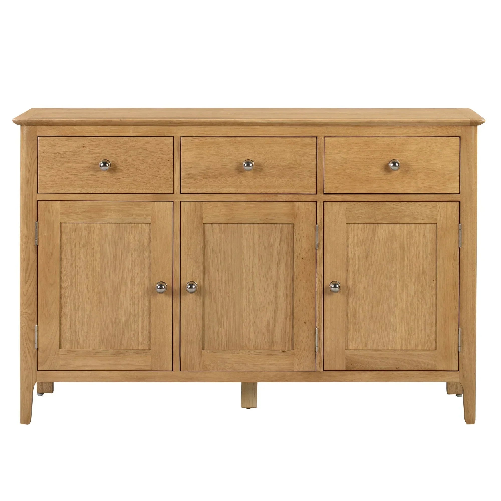 Oak sideboard with three drawers and three cabinet doors, front view