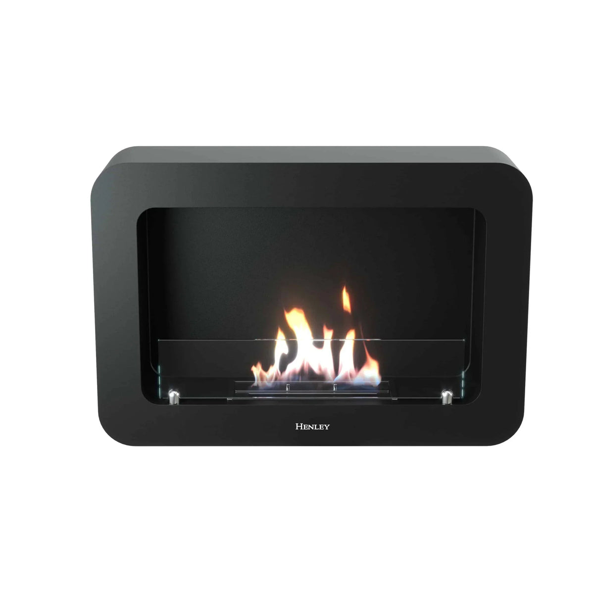 Black bioethanol fireplace with glass front and visible flames, modern wall-mounted design