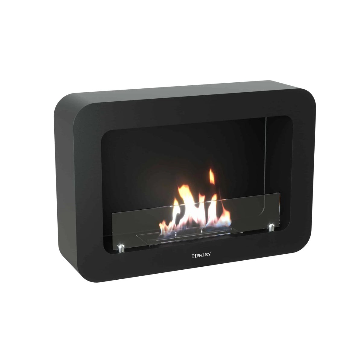 Black modern bioethanol fireplace with glass screen and visible flames, front angled view