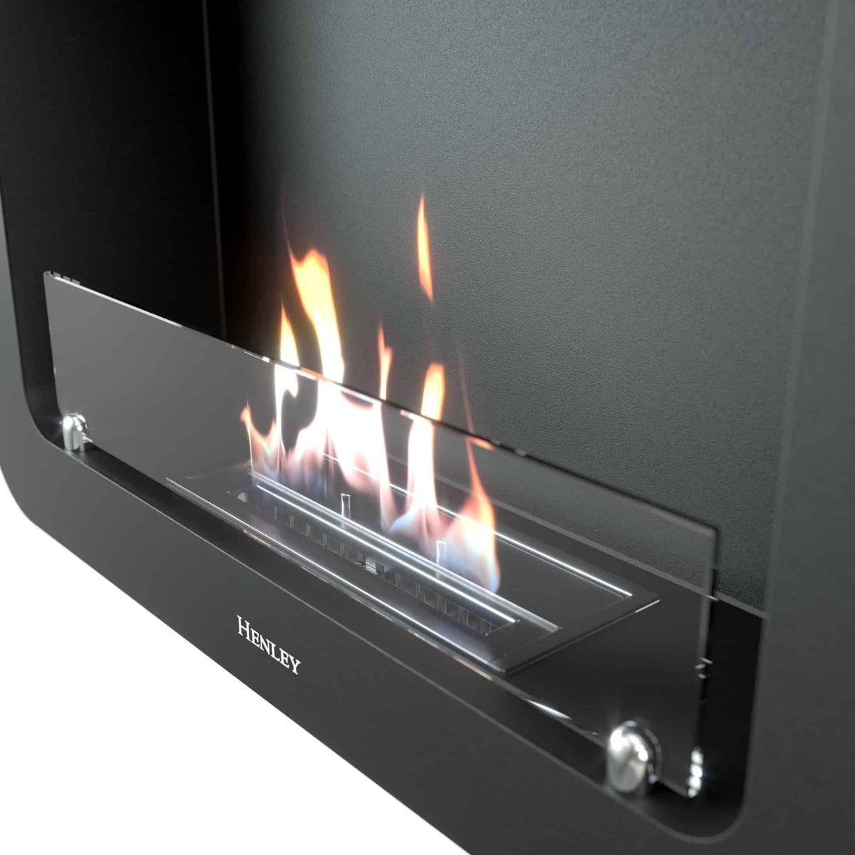 Black wall-mounted bioethanol fireplace with glass screen and visible flames