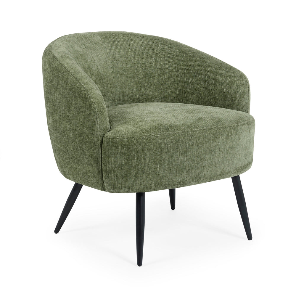 Green fabric accent chair angled view showing rounded backrest and black tapered legs on white background.