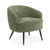 Green fabric accent chair angled view showing rounded backrest and black tapered legs on white background.
