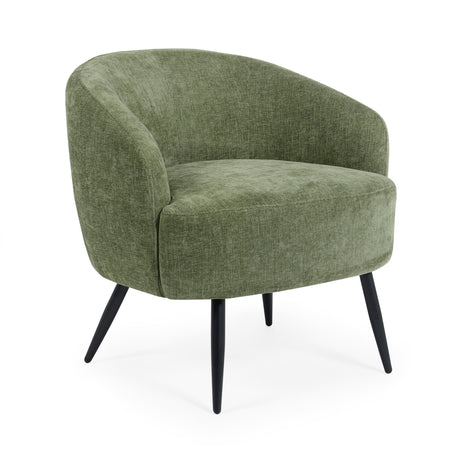 Green fabric accent chair angled view showing rounded backrest and black tapered legs on white background.