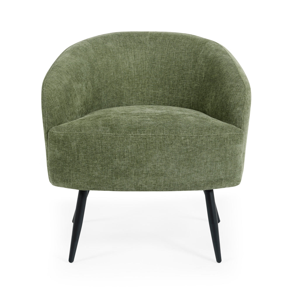 Front view of green fabric accent chair with curved backrest and black legs on white background.