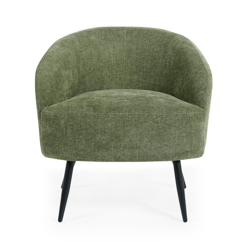 Front view of green fabric accent chair with curved backrest and black legs on white background.