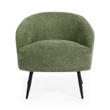 Front view of green fabric accent chair with curved backrest and black legs on white background.