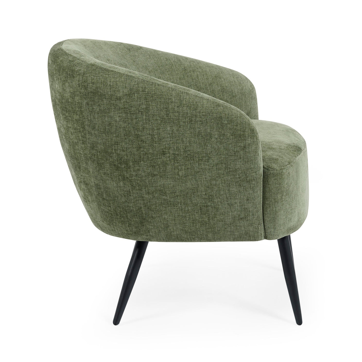 Side view of green fabric accent chair with curved back and black tapered legs on white background.