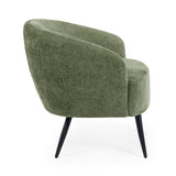 Side view of green fabric accent chair with curved back and black tapered legs on white background.