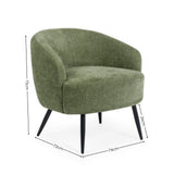 Green fabric accent chair with curved back and black tapered legs with dimensions markings