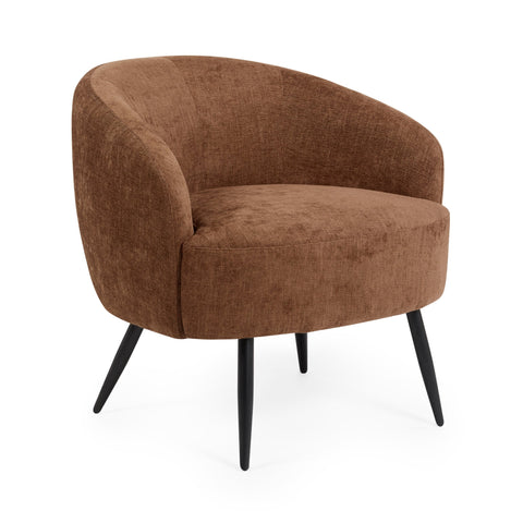 Brown fabric accent chair angled left with curved back and black tapered legs on white background