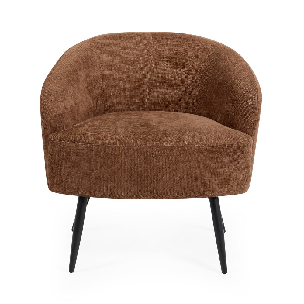 Side view of brown fabric accent chair showing curved back and black tapered legs