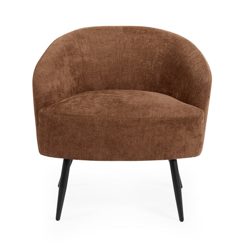 Side view of brown fabric accent chair showing curved back and black tapered legs