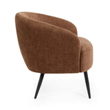 Brown fabric accent chair front view with curved back and black tapered legs on white background