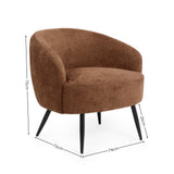 Brown upholstered accent chair with curved back, black tapered legs, and dimensions marked on white background.