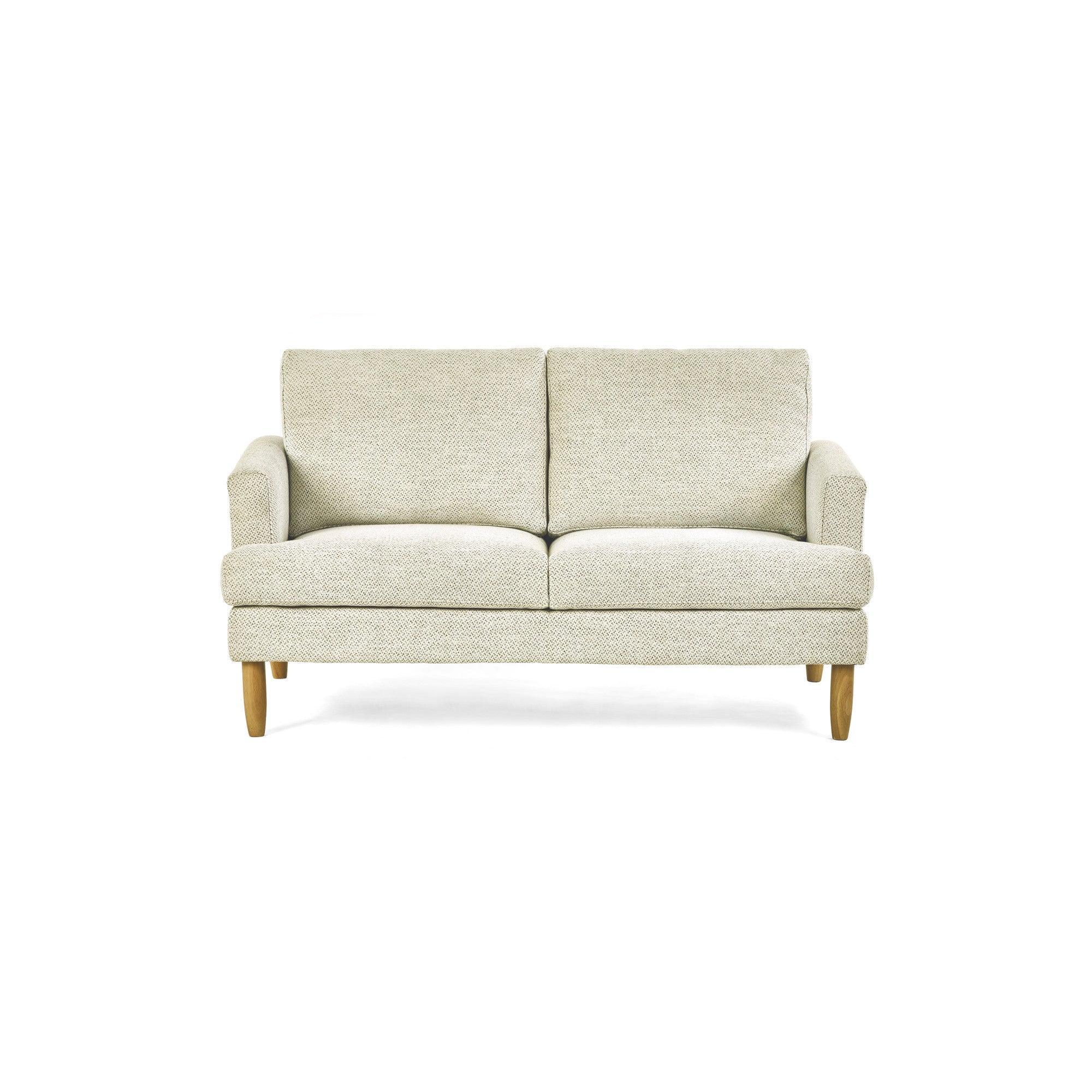 Beige fabric sofa with wooden legs, straight armrests, and twin back cushions, front view