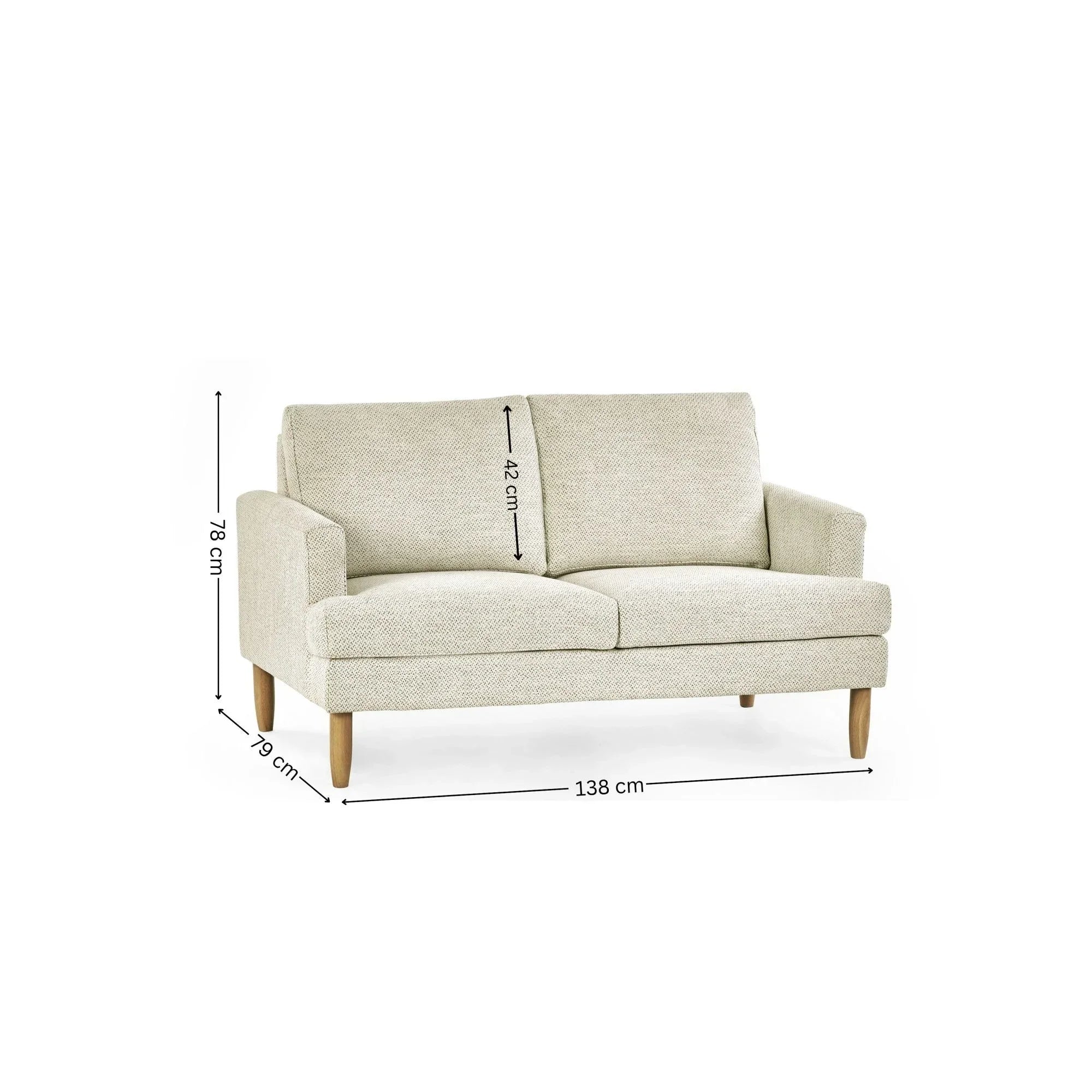 Beige fabric sofa with wooden legs, dimensions labeled, two seat cushions and armrests
