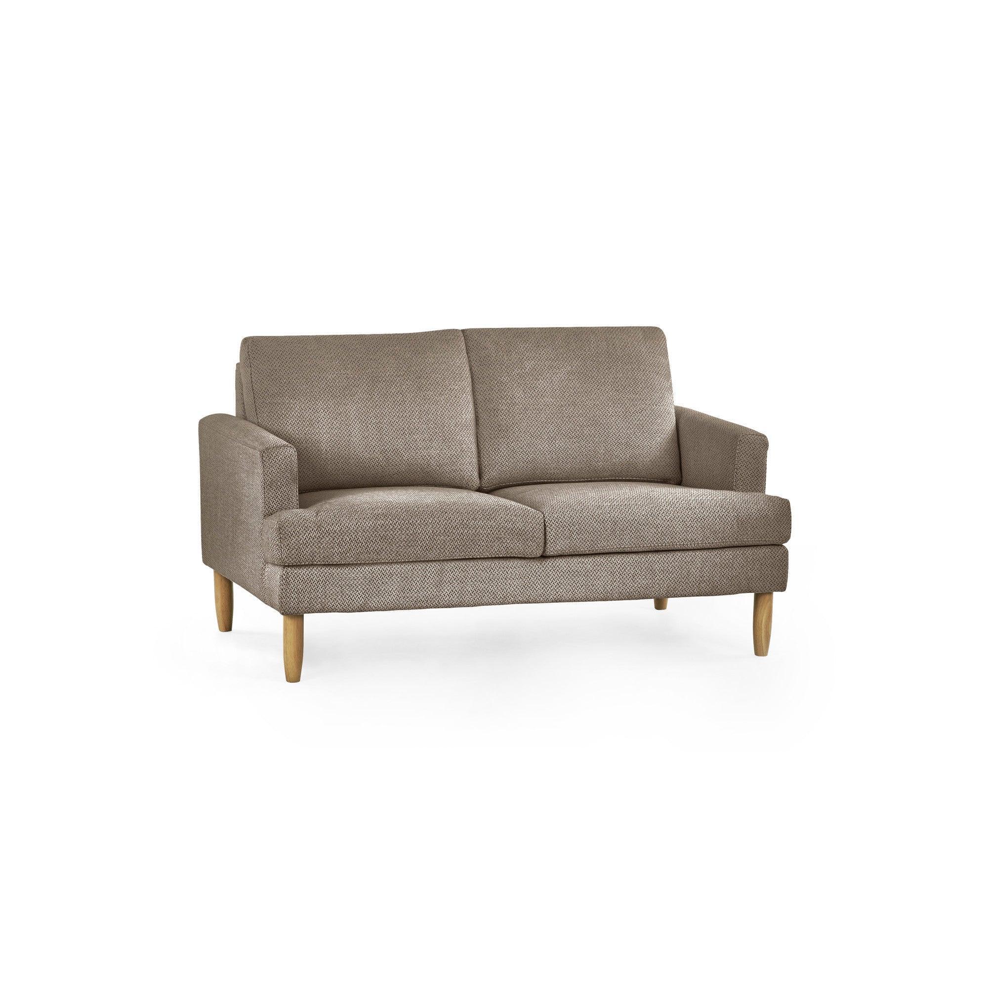 Beige fabric two seater sofa with wooden legs and slim arms on white background