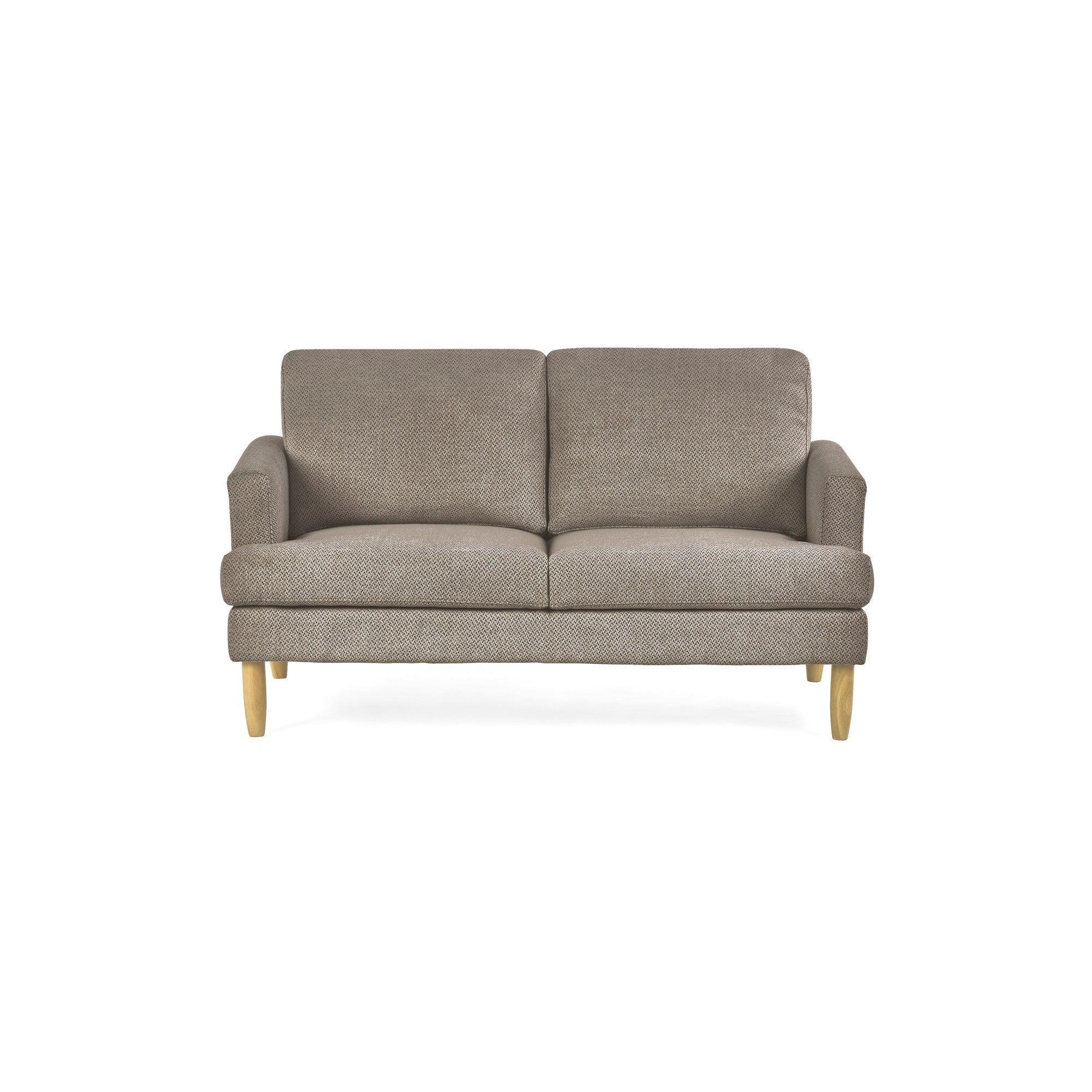 Brown fabric sofa with wooden legs and cushioned seats, front view on white background