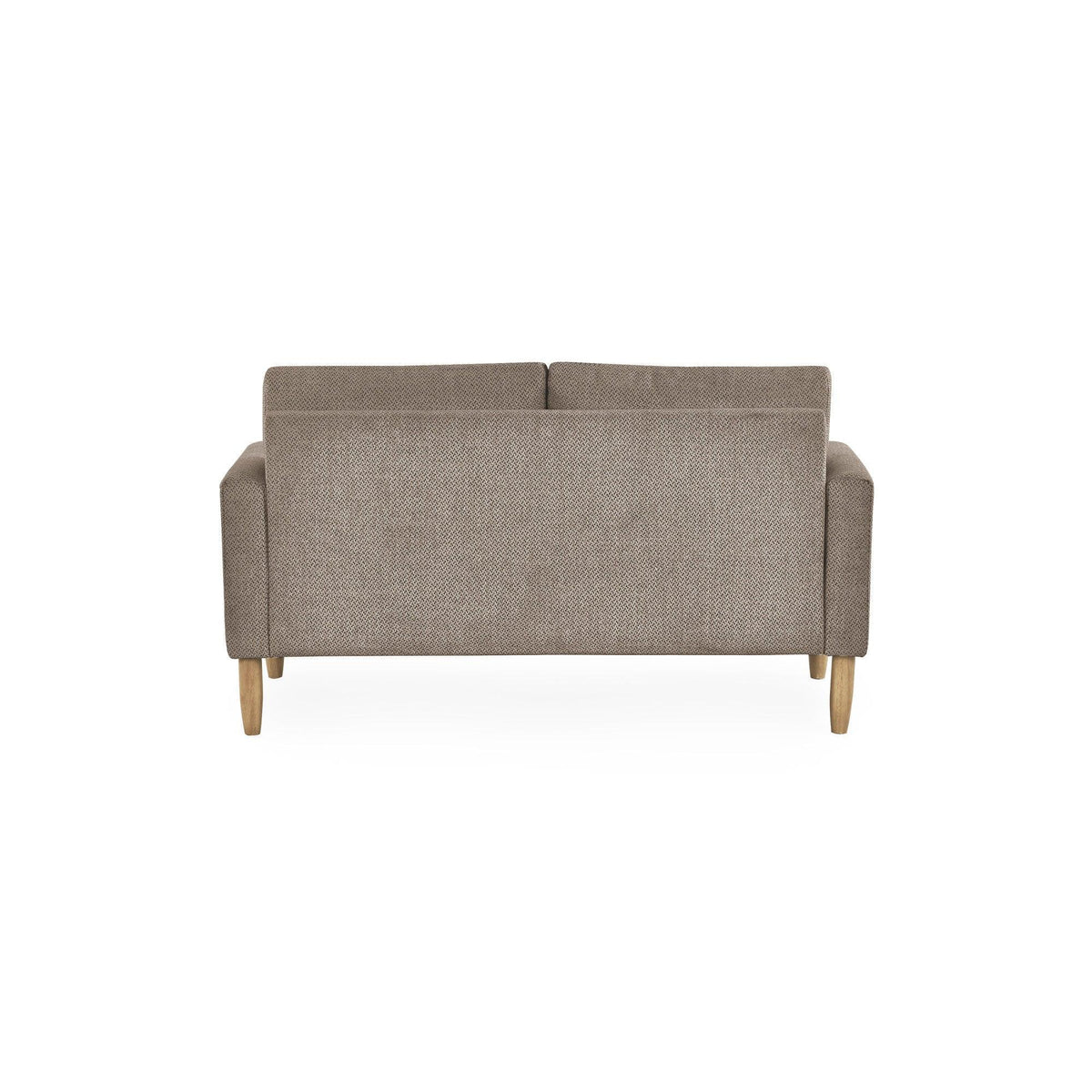 Rear view of beige fabric sofa with wooden legs on white background