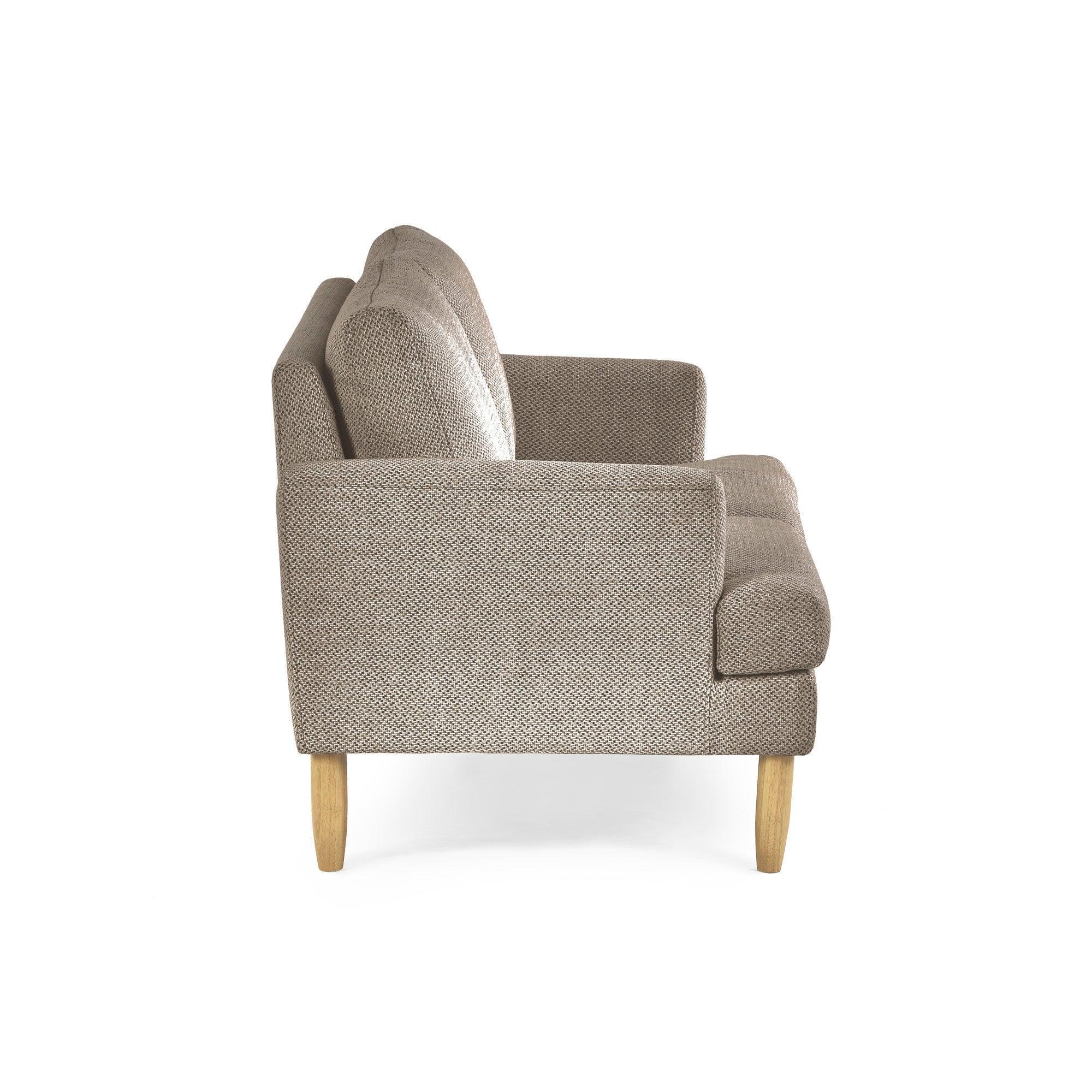 Side view of fabric sofa with wooden legs and textured beige upholstery