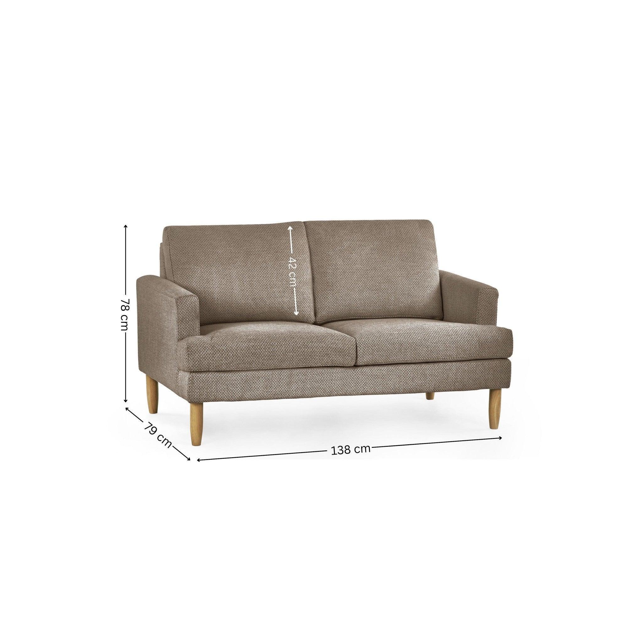 brown fabric sofa with wooden legs and visible dimensions, 138 cm wide, 79 cm deep, 78 cm high