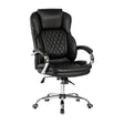 Black leather executive office chair with quilted backrest, chrome armrests and five-wheel base.