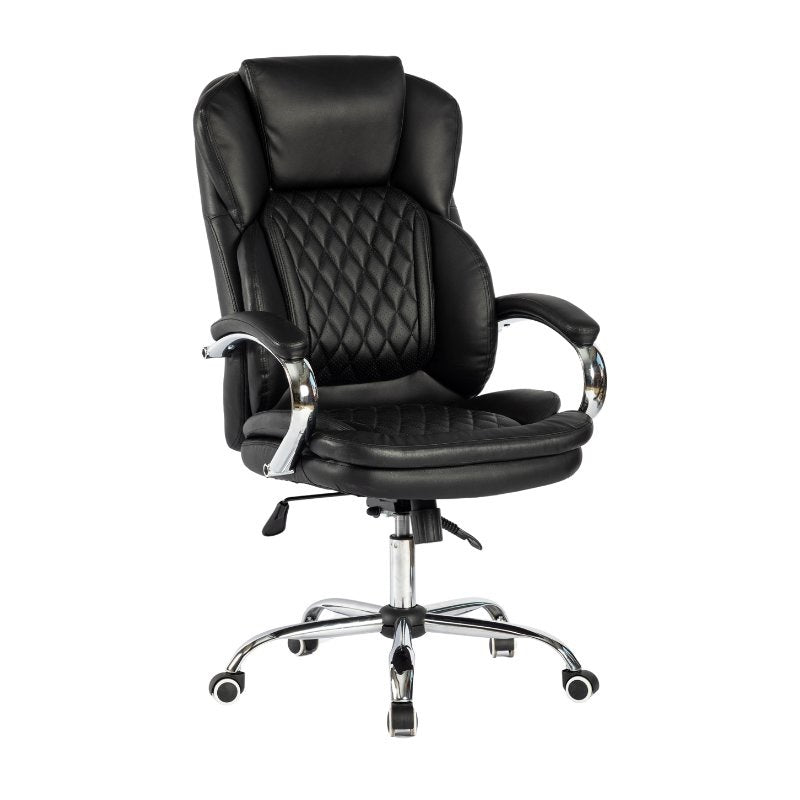 Black leather executive office chair with quilted backrest, chrome armrests and five-wheel base.