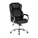 Black leather executive office chair with quilted backrest, chrome armrests and five-wheel base.