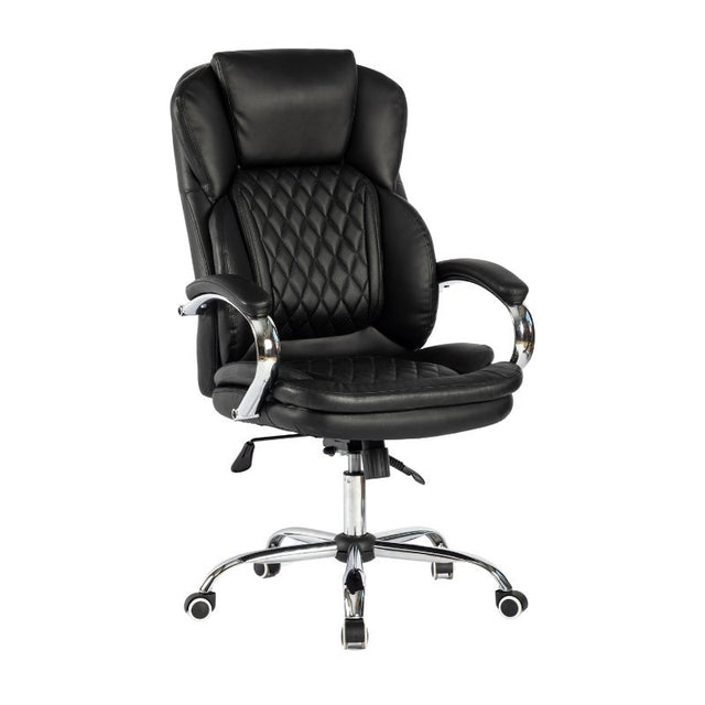 Black leather executive office chair with quilted backrest, chrome armrests and five-wheel base.