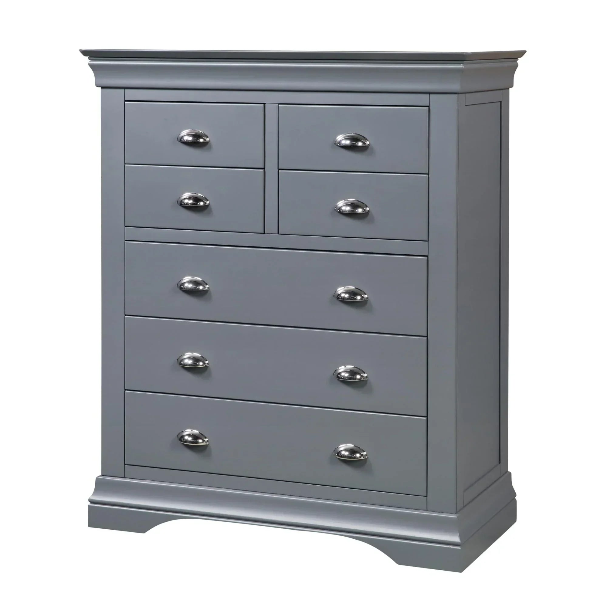 Grey chest of drawers with six large and two small drawers, chrome cup handles