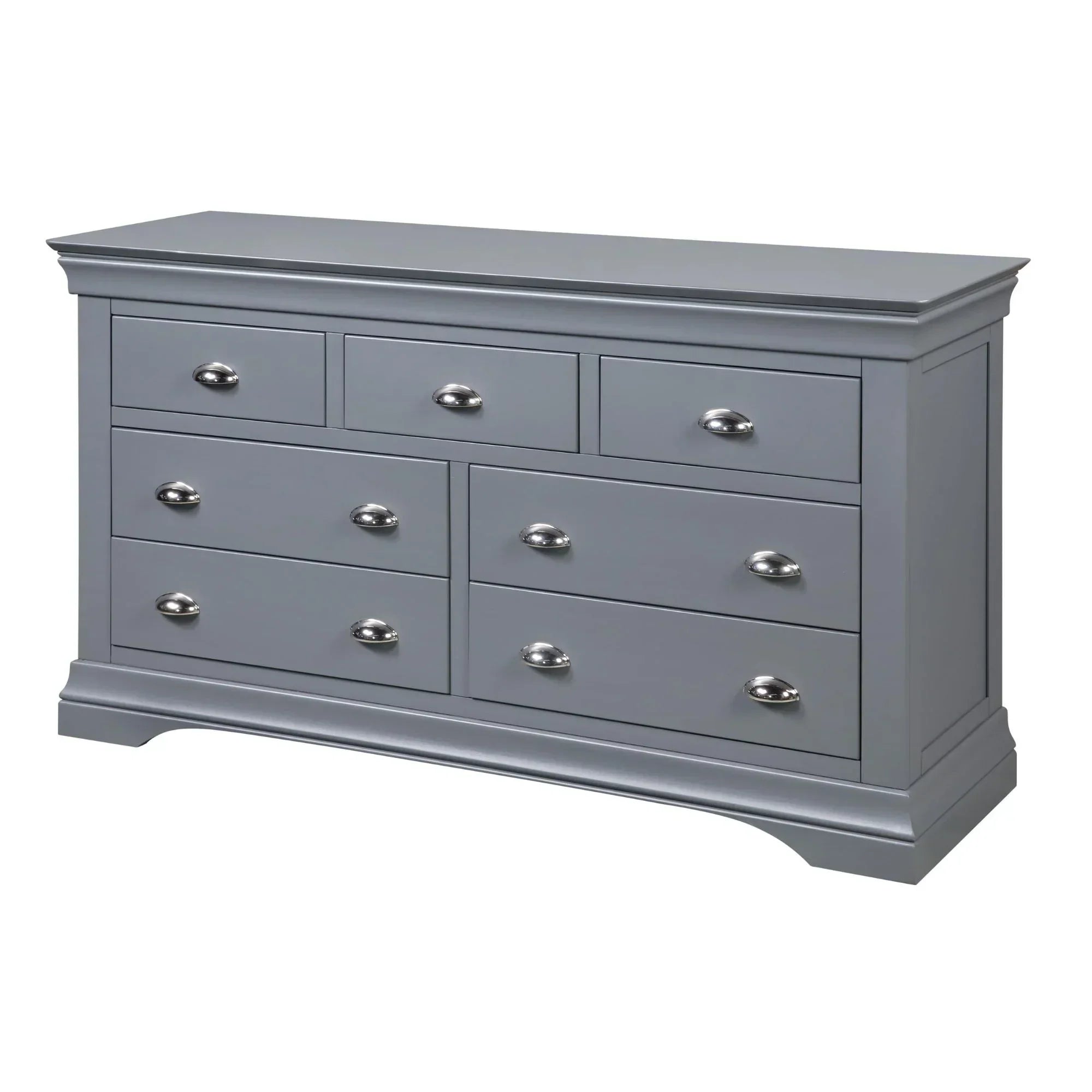 Grey chest of drawers with seven drawers and silver handles, angled front view