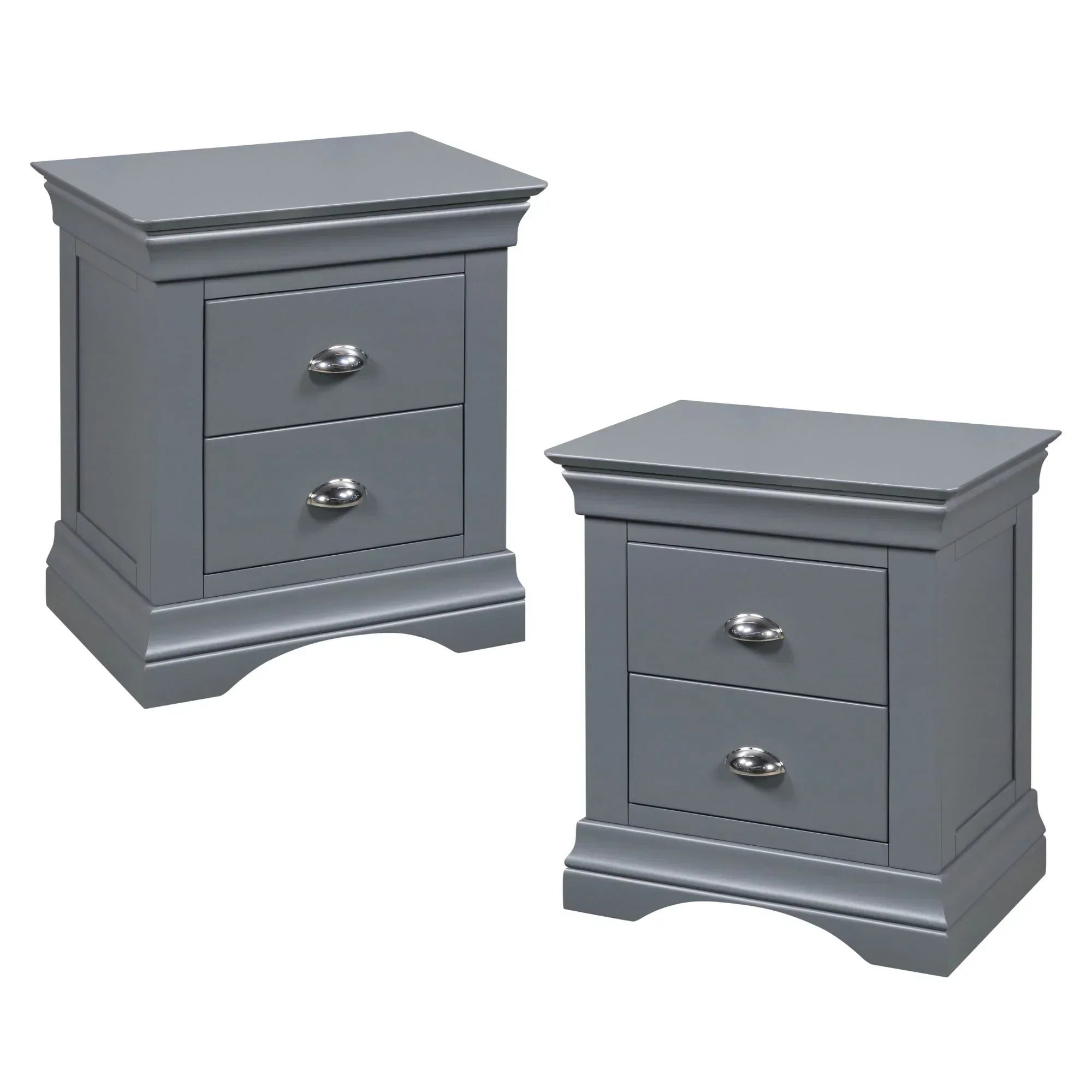 Grey bedside tables with two drawers and silver handles, classic bedroom furniture set