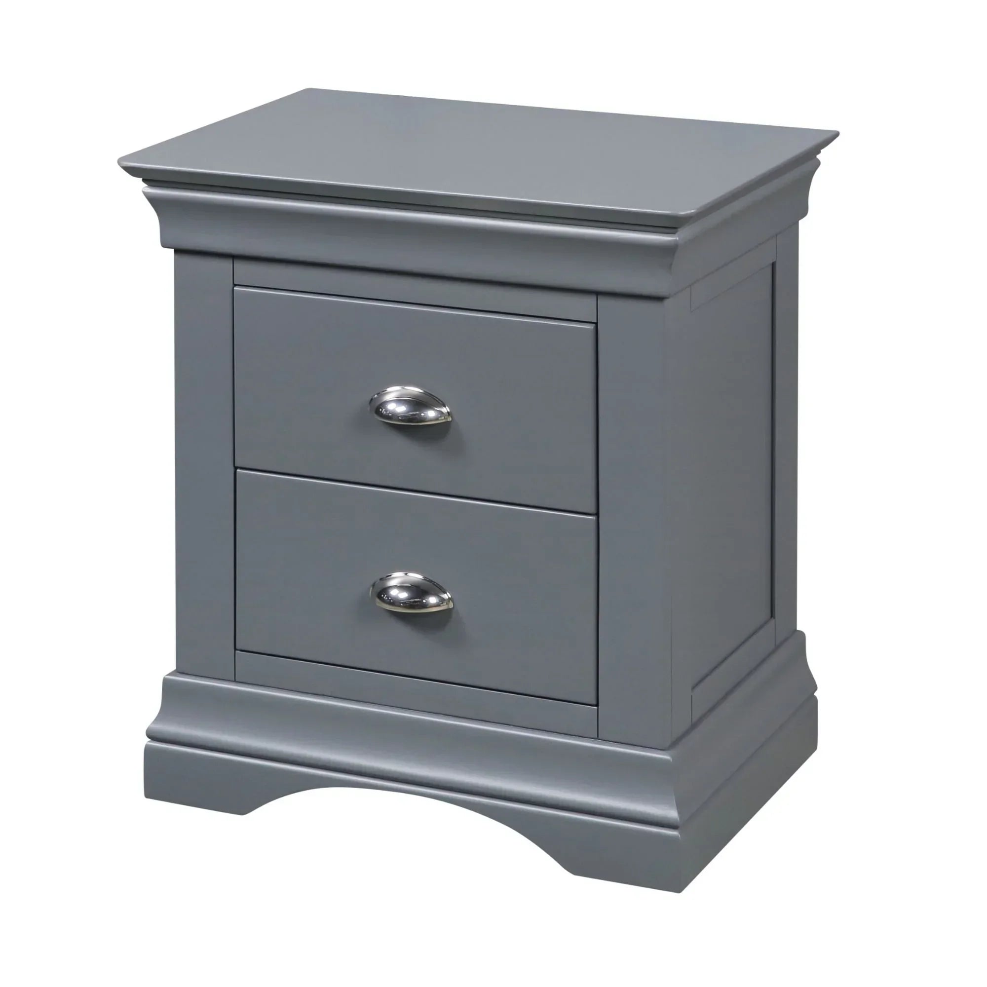Grey bedside table with two drawers and chrome handles, classic wooden furniture design