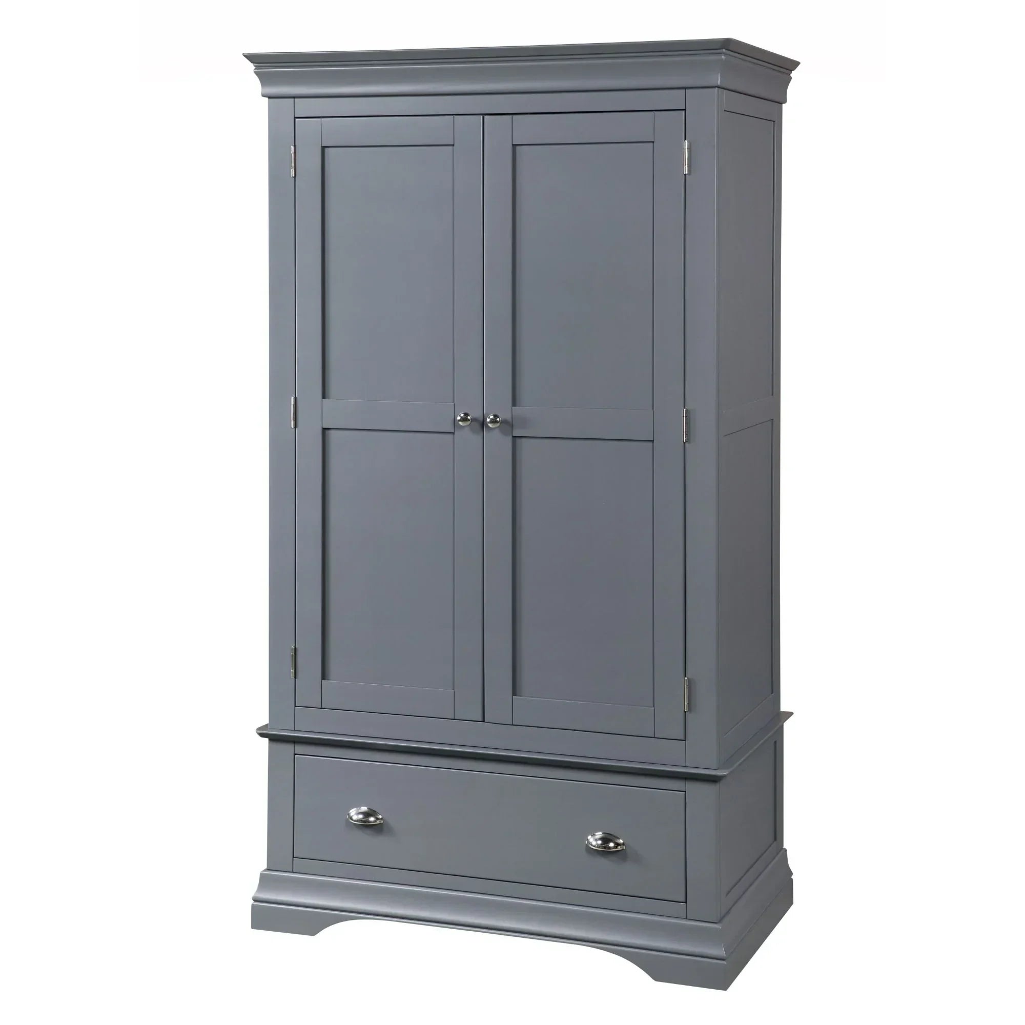 Grey wooden wardrobe with double doors and single lower drawer, silver handles, front view