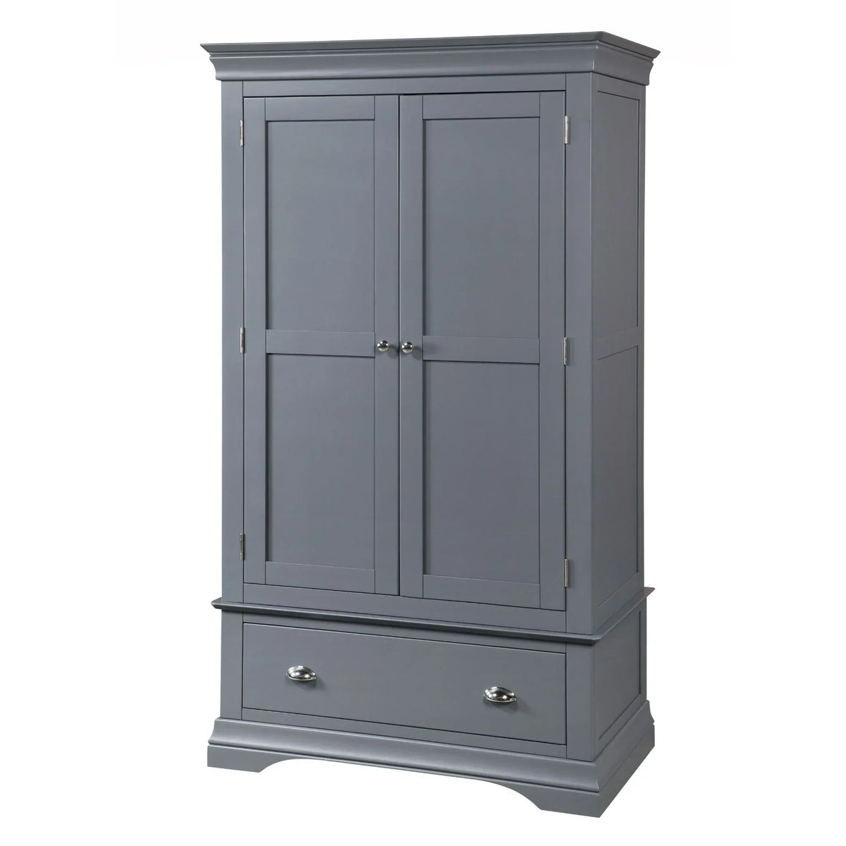 Grey wooden wardrobe with double doors and single lower drawer, silver handles, front view