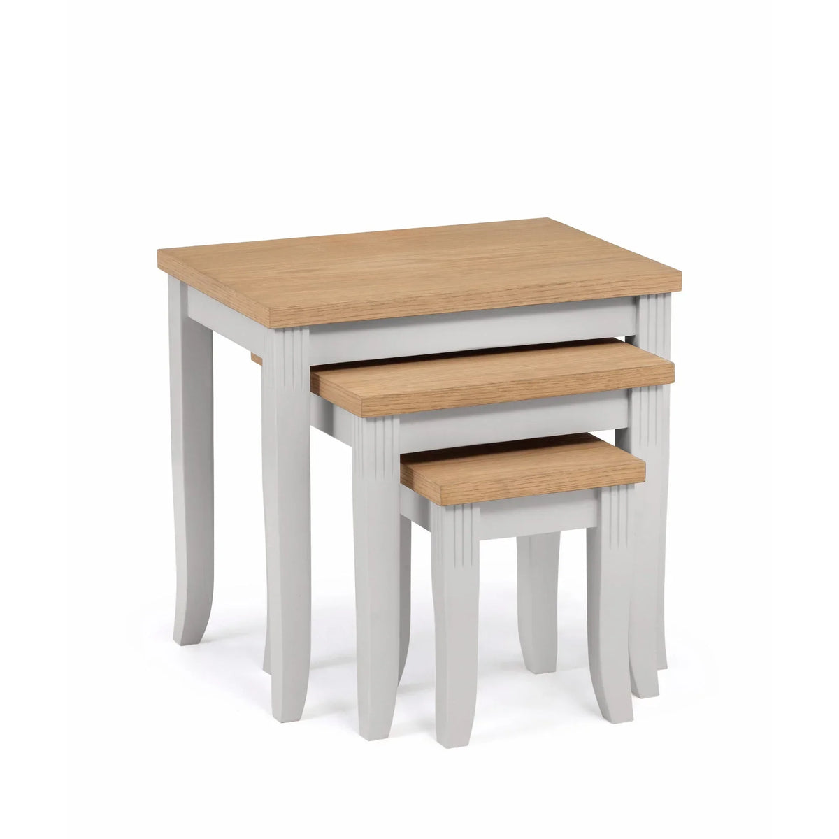 Elephant grey nest of tables with oak tops, three tables stacked, front angle view