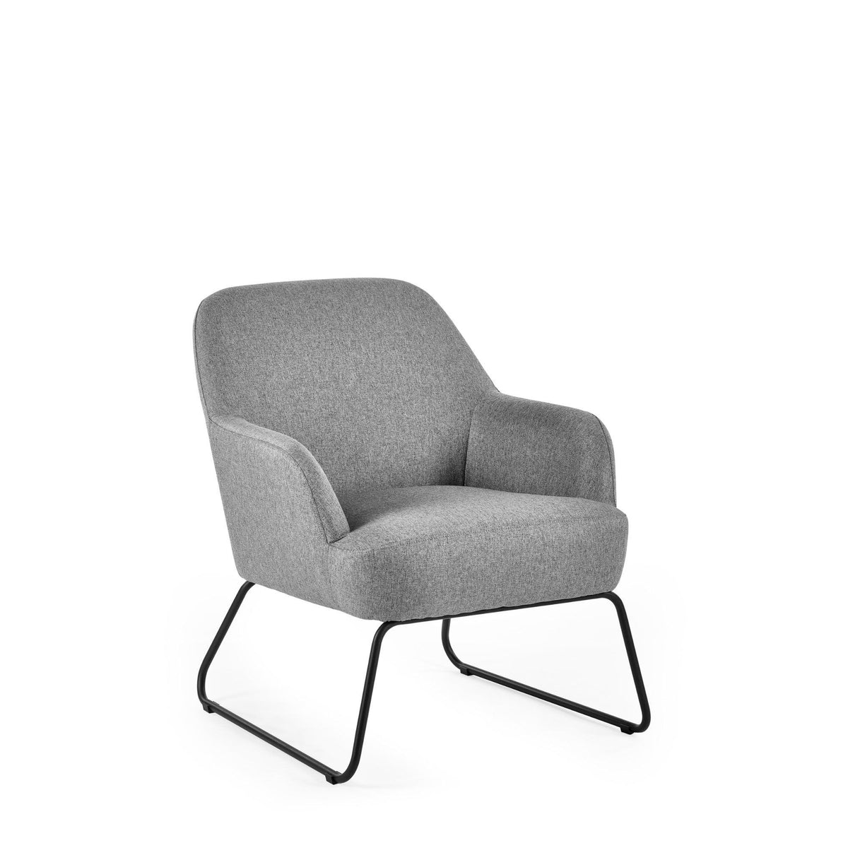 Grey fabric accent chair with metal sled legs and curved backrest