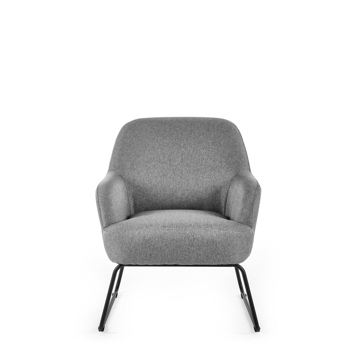 Grey accent chair with fabric upholstery and black metal legs, front view