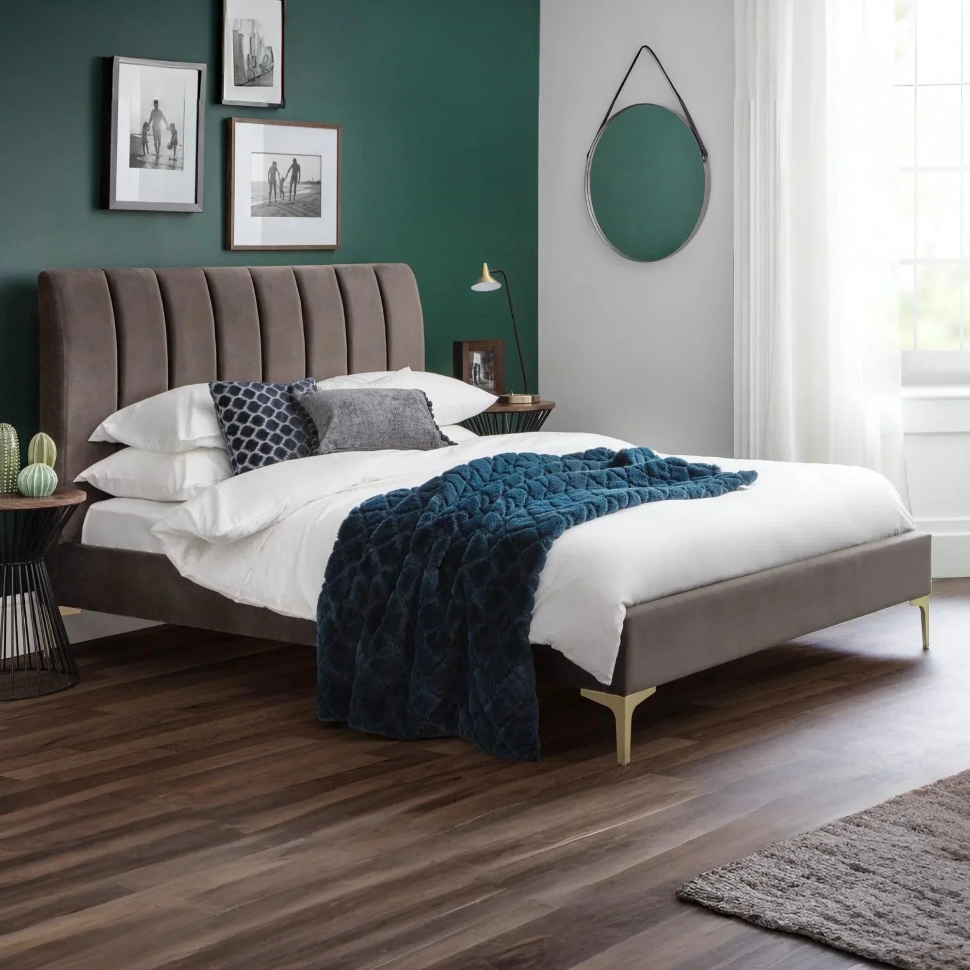 Double velvet bed in truffle color with fluted headboard in modern bedroom setting