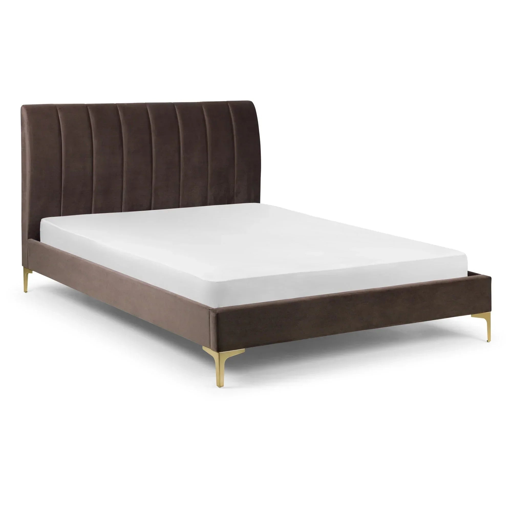 Velvet king bed frame in truffle color with vertical panel headboard and gold legs