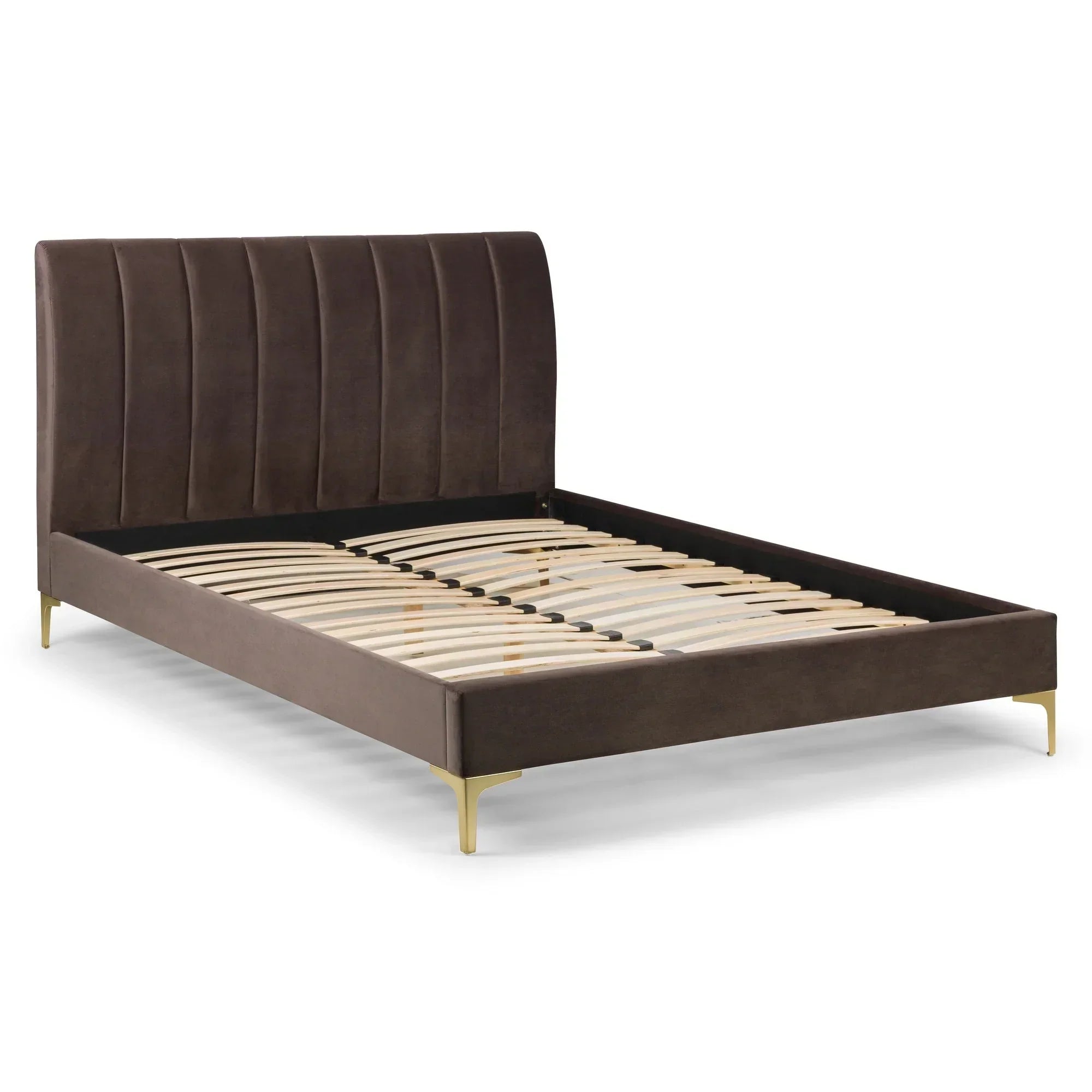 Truffle velvet king bed frame with vertical panel headboard and gold legs, angled view