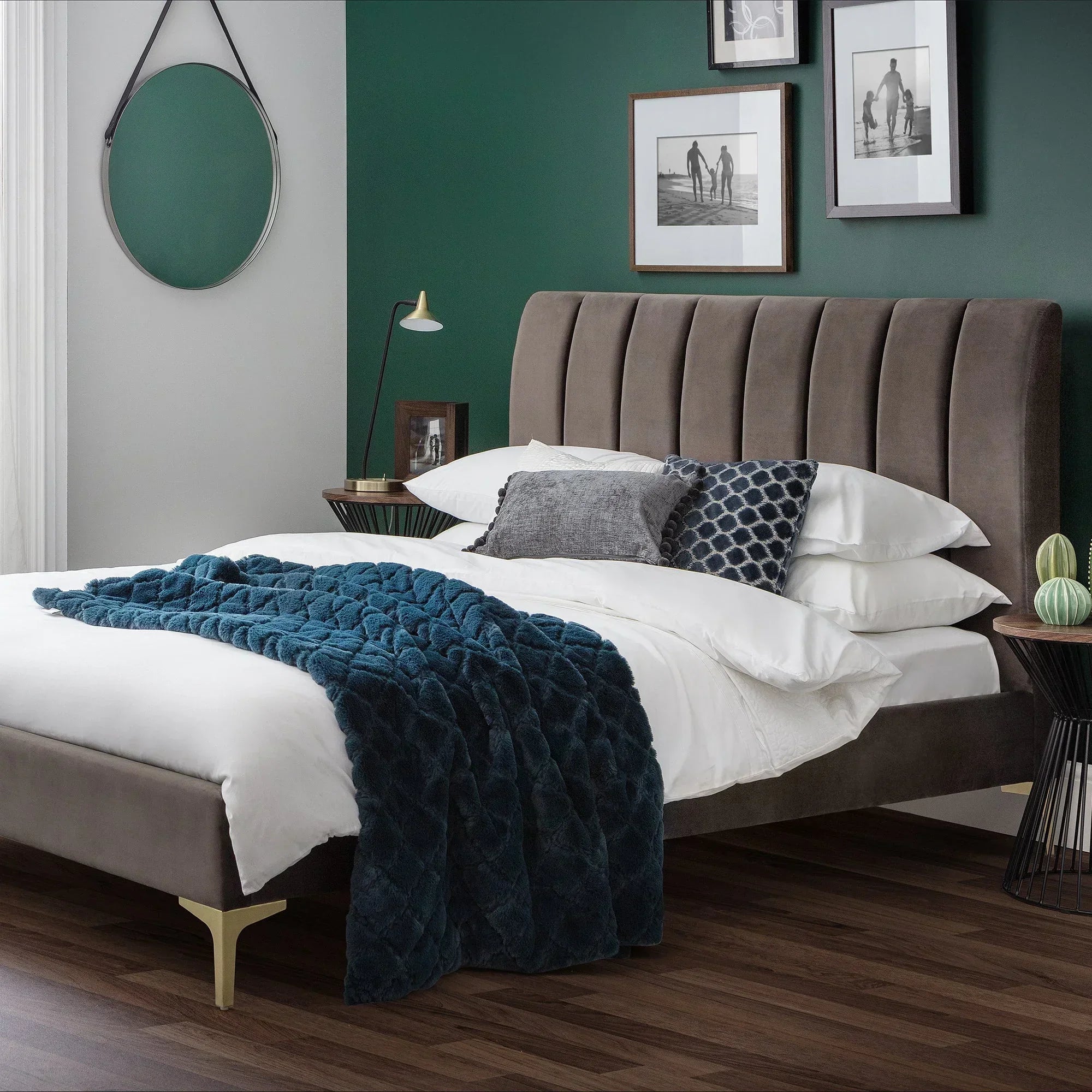 Velvet king bed in truffle color with vertical panel headboard in modern bedroom setting