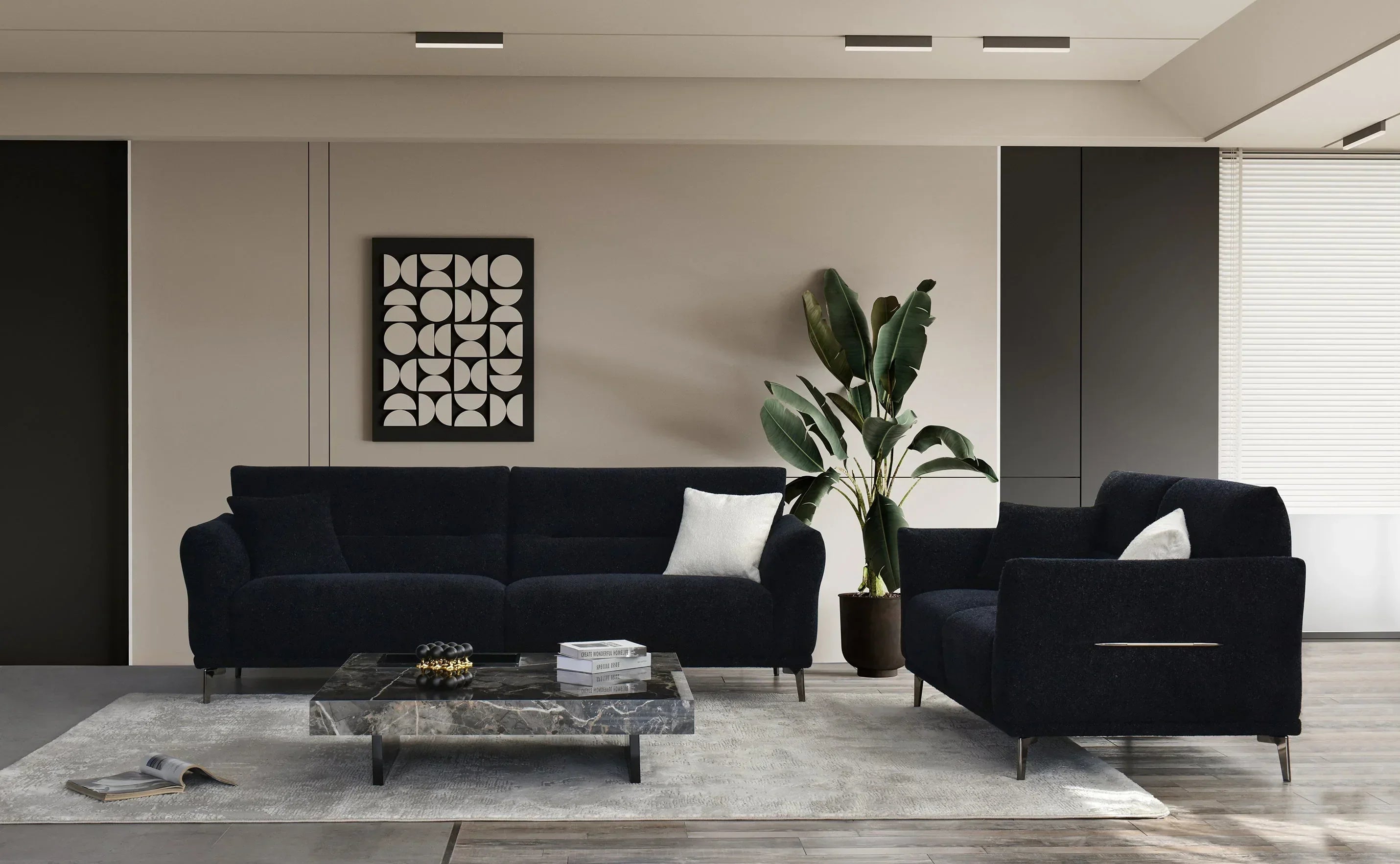 Black velvet sofa set in modern living room with marble coffee table and indoor plant