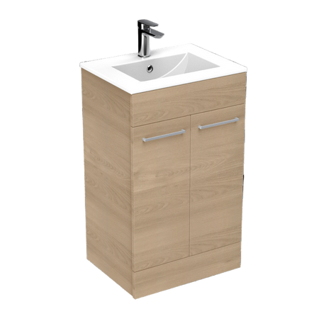 Beige vanity unit with white sink and silver faucet on a black background